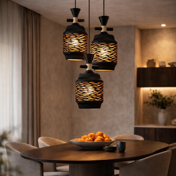 Modern Black Cutwork Triple Pendant Light – Designer Hanging Lamp