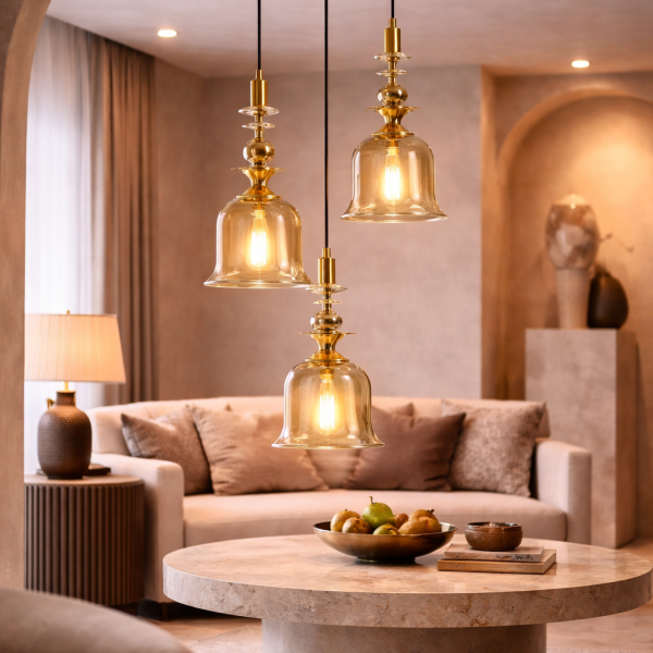 Vintage Bell Glass Triple Pendant Light – Luxury Gold Hanging Chandelier
