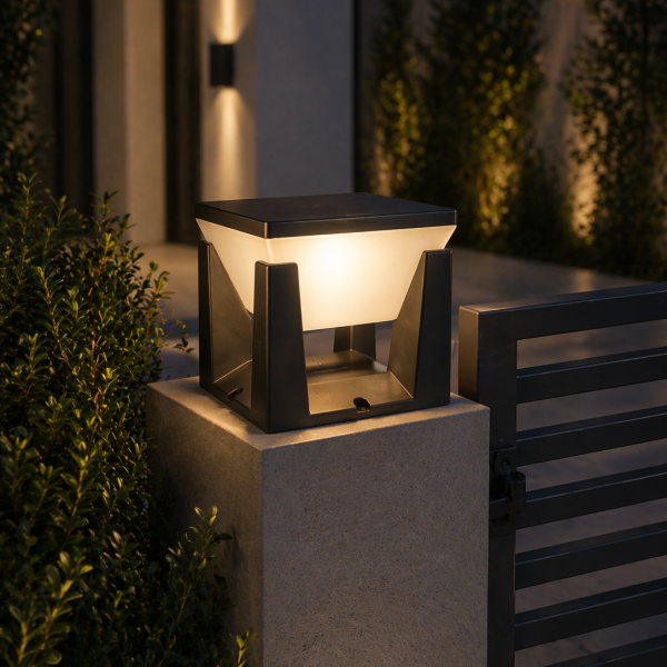 Modern Square Gate Pillar Light with Open Frame Diffused Glow