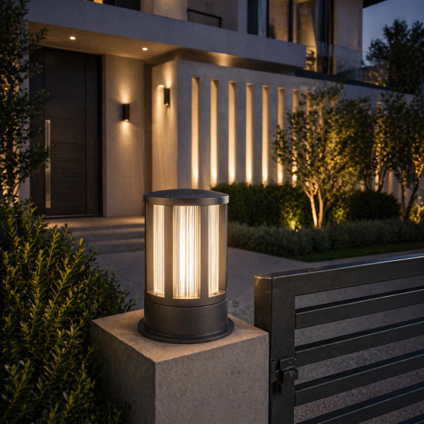 Modern Cylindrical Gate Pillar Light with Ribbed Glass Effect