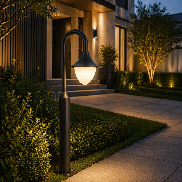 Elegant Curved Pathway Light with Hanging Diffuser Design
