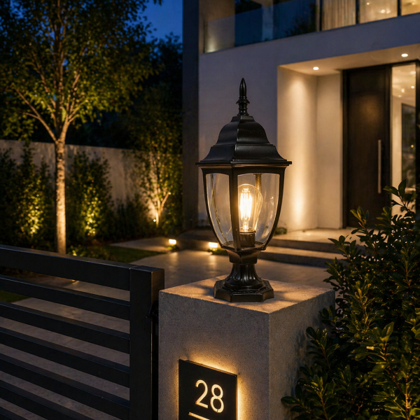 Modern Outdoor Gate Pillar Lantern – Classic Black Finish