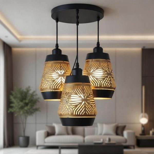 Modern Black Cutwork Triple Pendant Light – Warm Ambient Designer Lamp