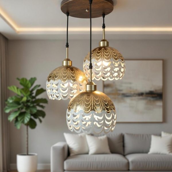 Golden Wave Pattern Triple Pendant Light – Decorative Designer Hanging Lamp
