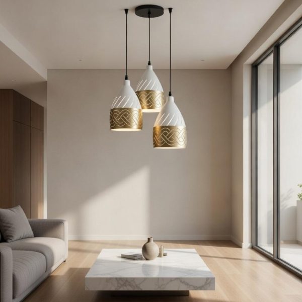 White & Gold Pattern Triple Pendant Light – Modern Decorative Hanging Lamp