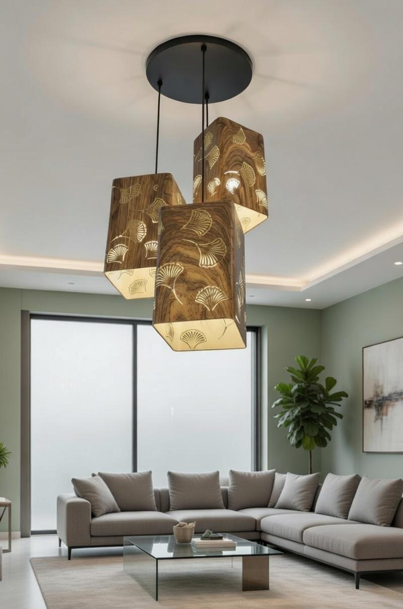 Wood Texture Triple Pendant Light – Modern Natural Finish Hanging Lamp