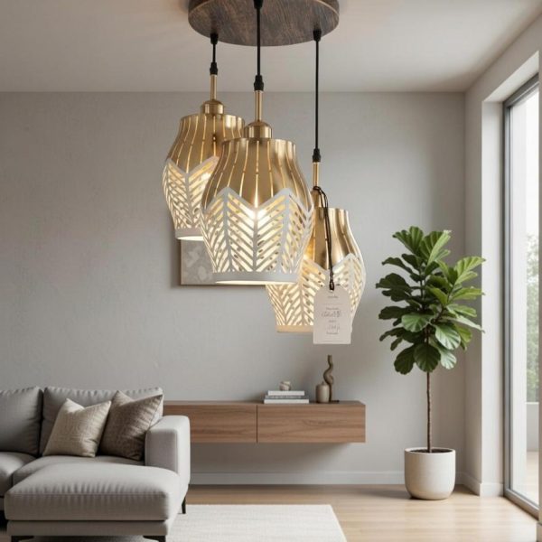 Golden Leaf Pattern Triple Pendant Light – Luxury Designer Hanging Lamp