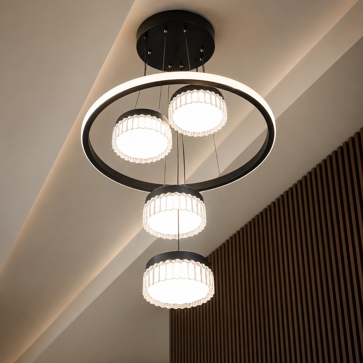 Modern Ring Chandelier with Layered Glass Shades – Designer LED Ceiling Light