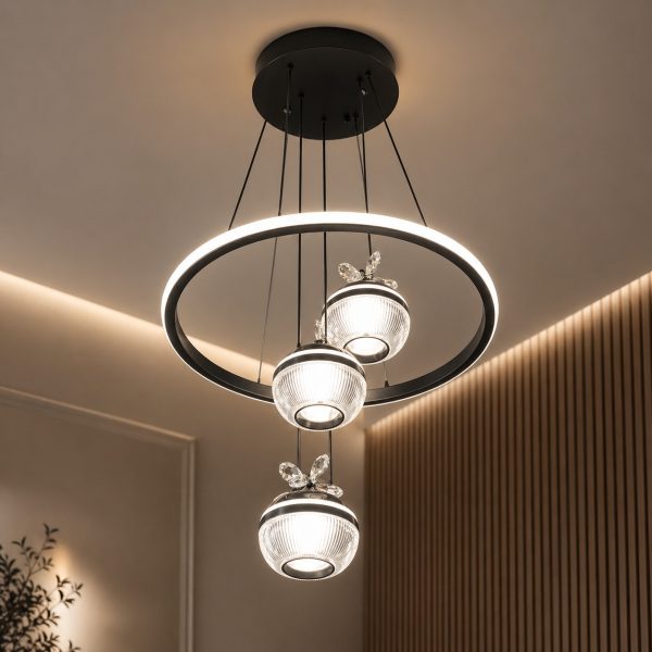 Modern Ring LED Chandelier with Crystal Orb Pendants – Luxury Hanging Ceiling Light