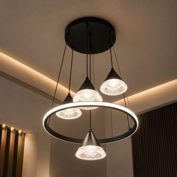 Modern Ring Chandelier with Textured Glass Pendant Lights – Designer LED Ceiling Fixture