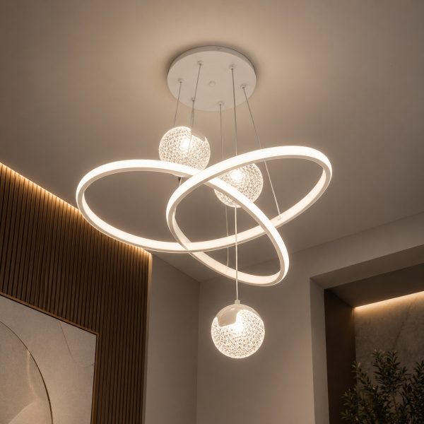 Modern Interlocking Ring Chandelier with Crystal Glass Globes – Luxury LED Ceiling Light