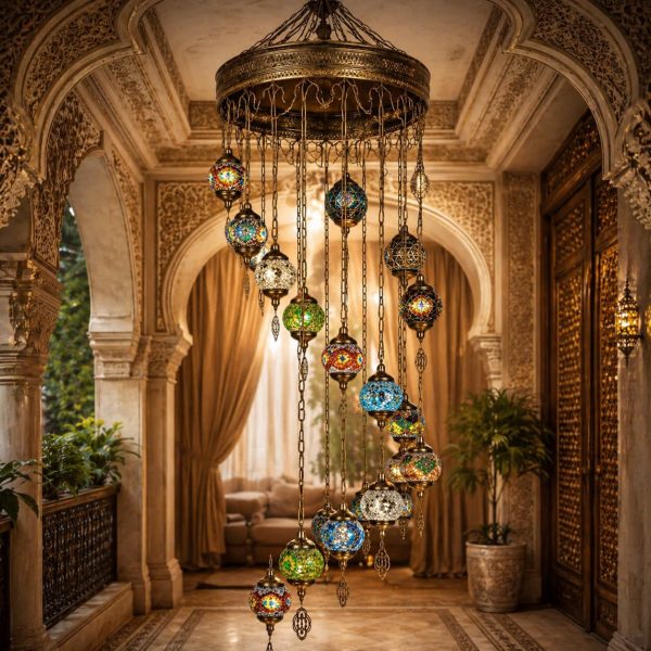 Luxury Turkish Staircase Chandelier with Multi-Colored Hanging Mosaic Lamps