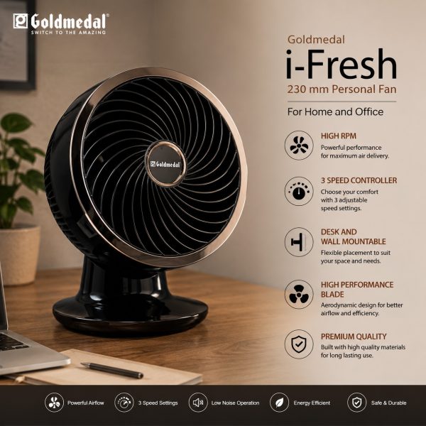 Goldmedal i-Fresh 230 mm 2-in-1 Personal Fan – Desk & Wall Mountable